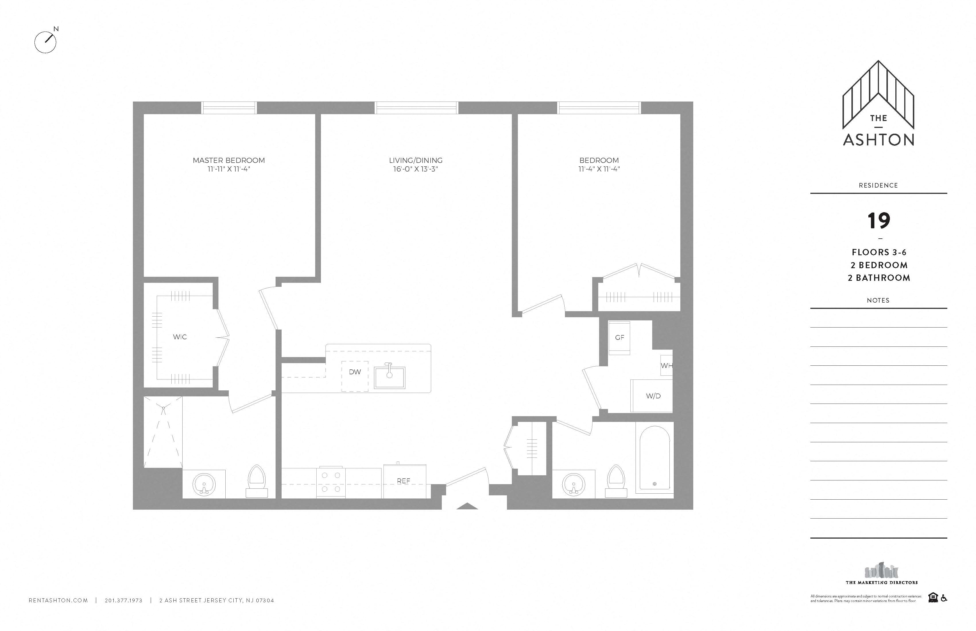 Floor plan for 2 beds, 2 baths, 986 sqft